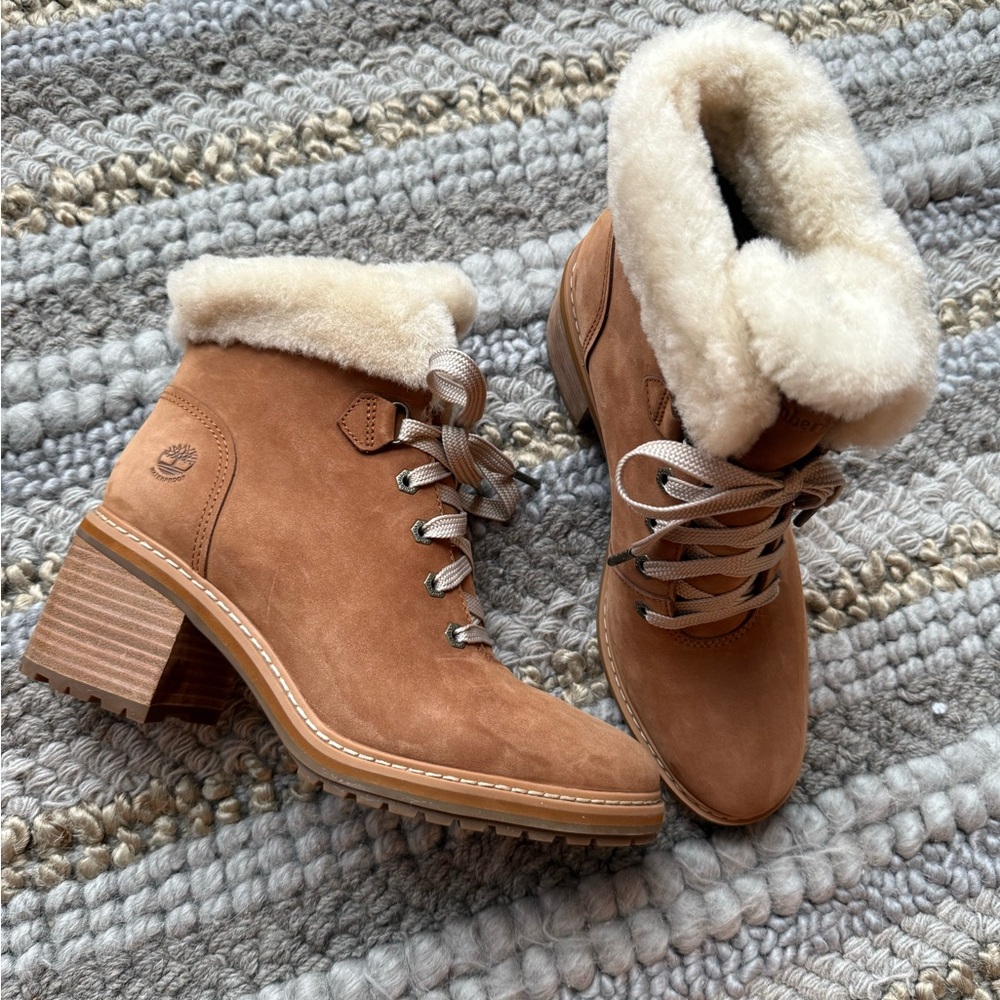 Timberland Women's Brown Heeled Boots with Cream Lining